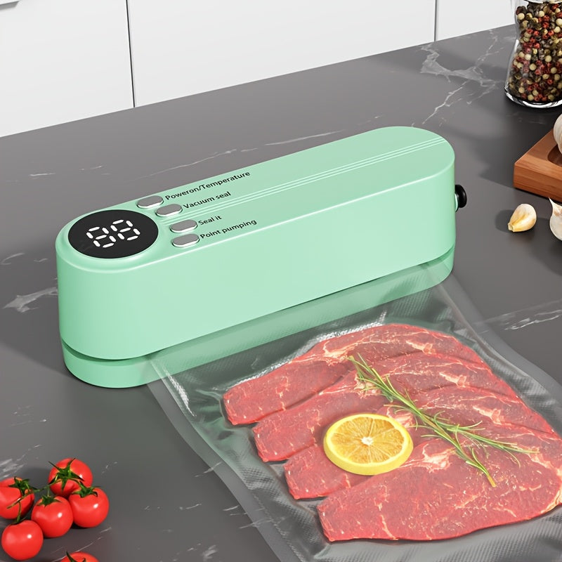 USB rechargeable vacuum sealer with LED indicator, powerful suction, automatic food saver with cutter & bags for dry/moist modes. Compact kitchen appliance for optimal food preservation