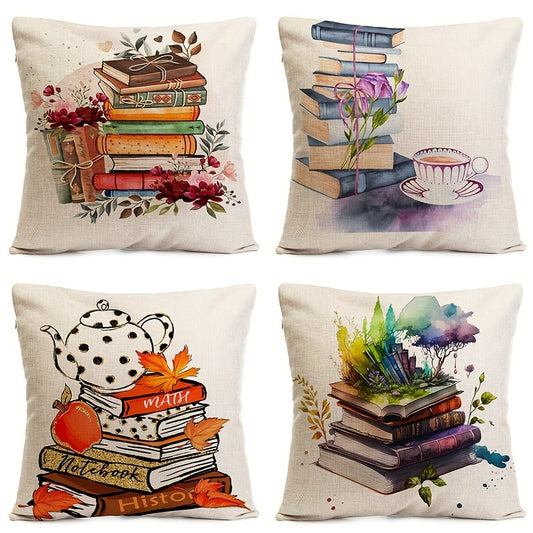 Colorful linen pillowcase with school-themed book patterns, great for home decoration and bedroom decor. Fits sofas, office chairs, and car interiors. Pillow insert not included.