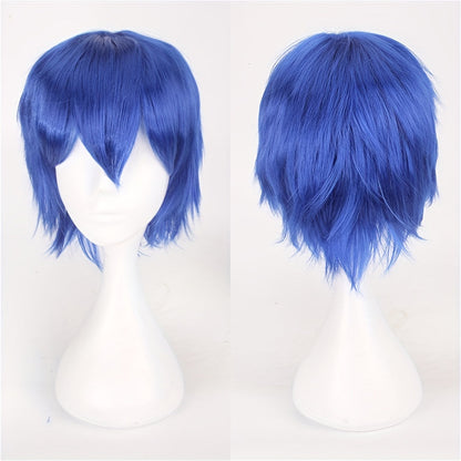 Vibrant Cosplay Wigs Available for Men and Women, Featuring Short, Straight Styles in Orange, Blue, White, Black, and Multicolored Varieties.