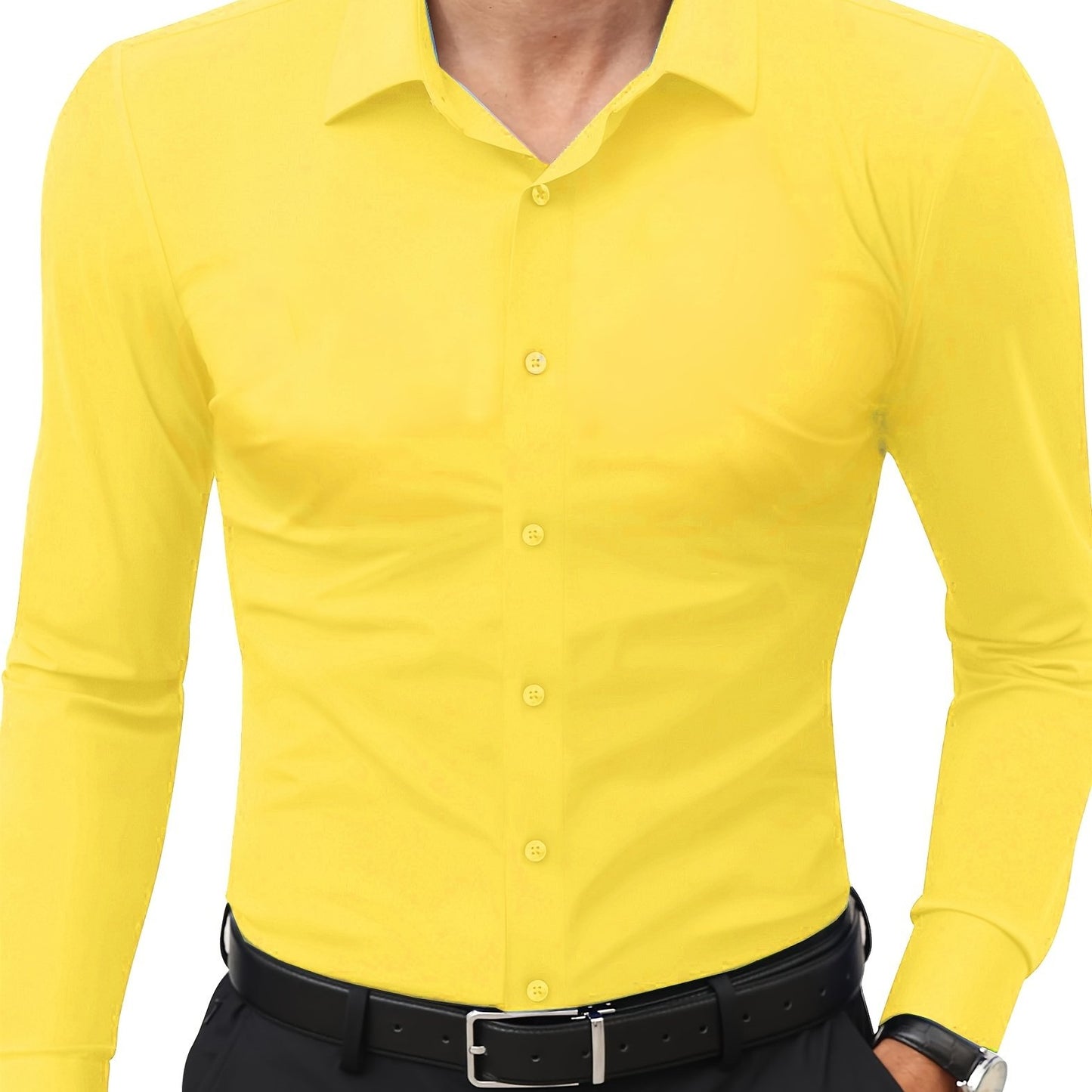 Slim fit long sleeve shirt for men made of 55% cotton, 40% polyester, and 5% spandex. Solid color with lapel collar, button-up closure, and all-season wear. Casual weekend wear, woven