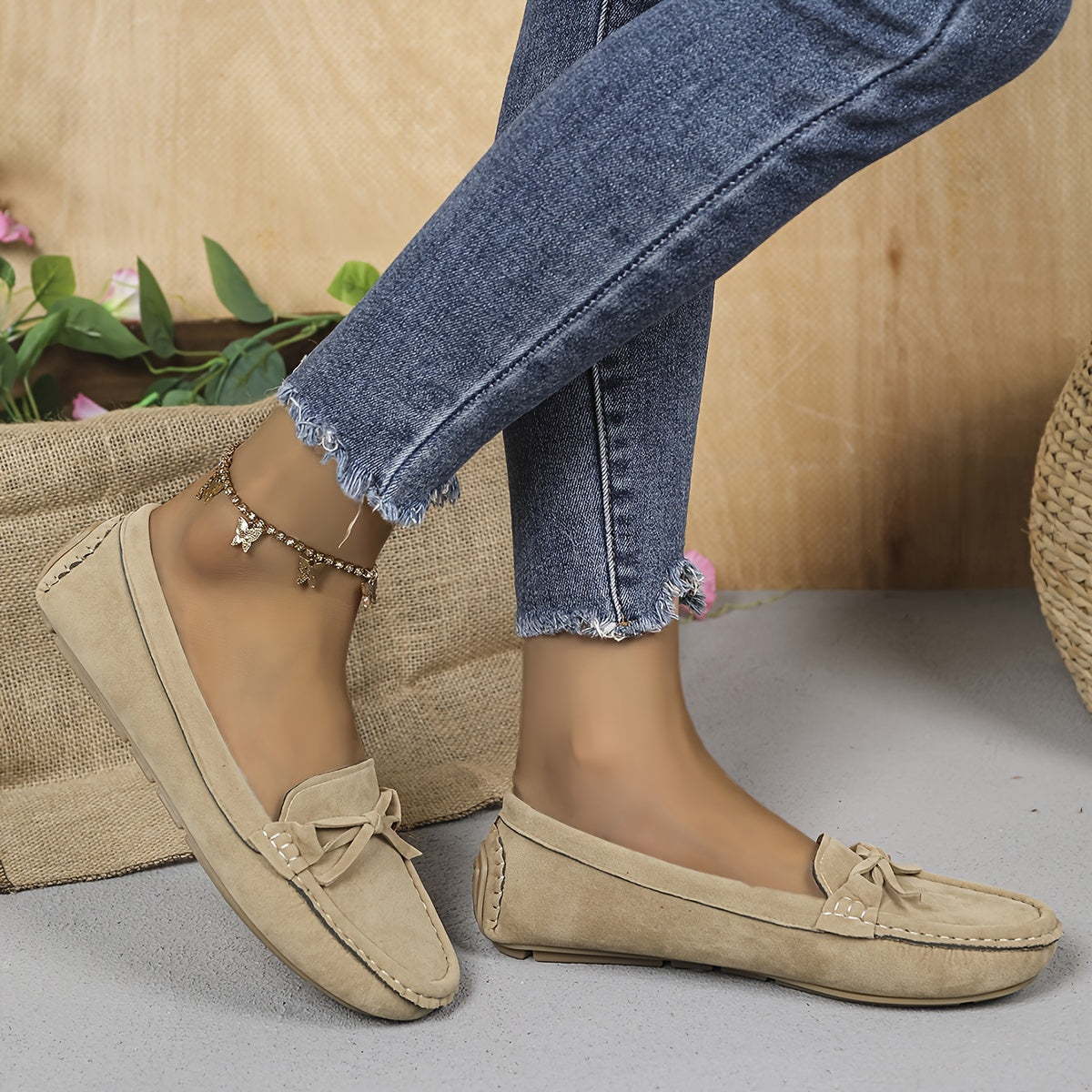 Retro flat loafers with bow detail, slip on style, and soft sole for casual wear.