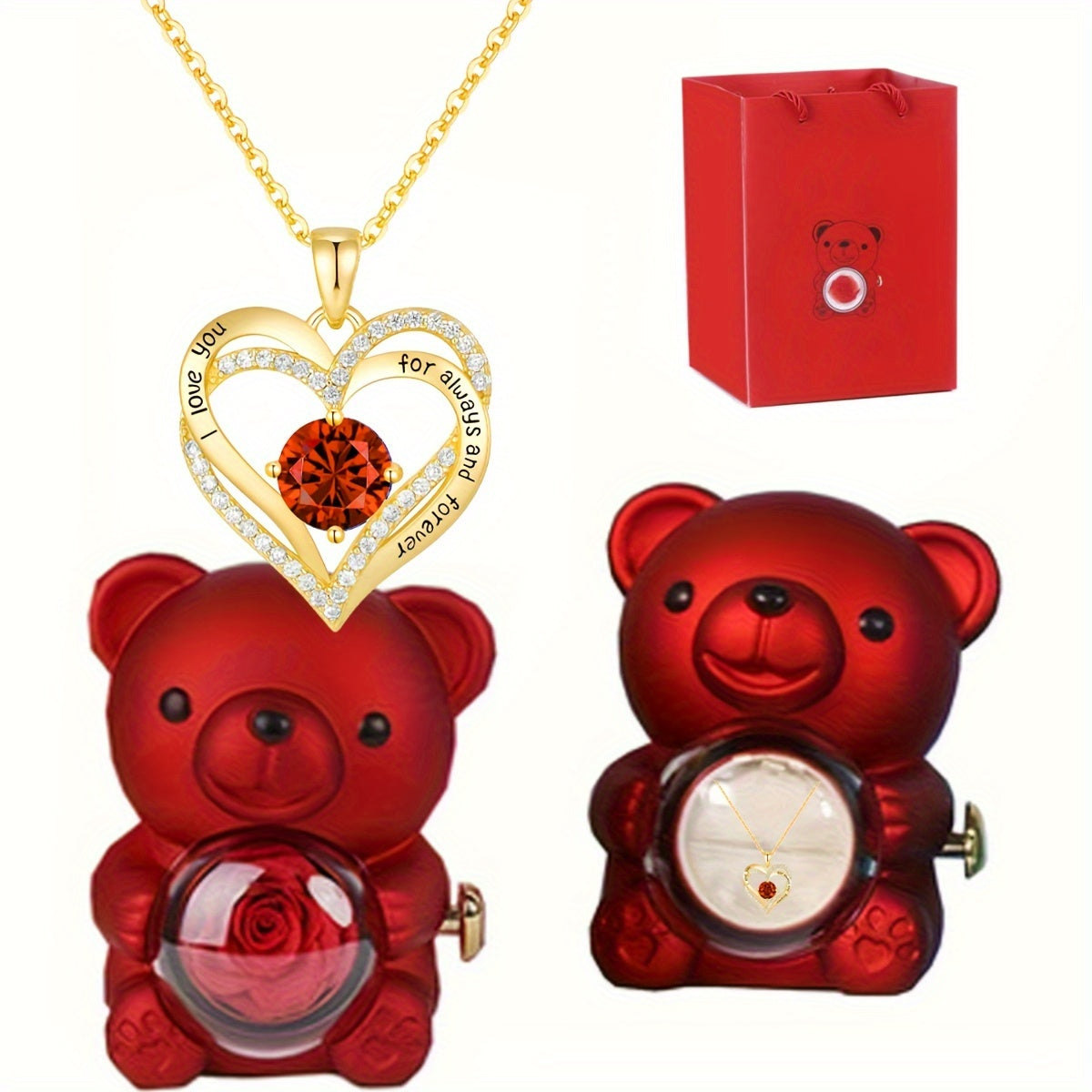 Exquisite Bear Pendant Necklace with Rose Detail for Women, 18K Gold Plated, Featuring High-Quality Cubic Zirconia, December Birthstone, Ideal Present for Mother, Partner, Sibling, or Grandparent, Suitable for Thanksgiving, Valentine's Day, Birthdays