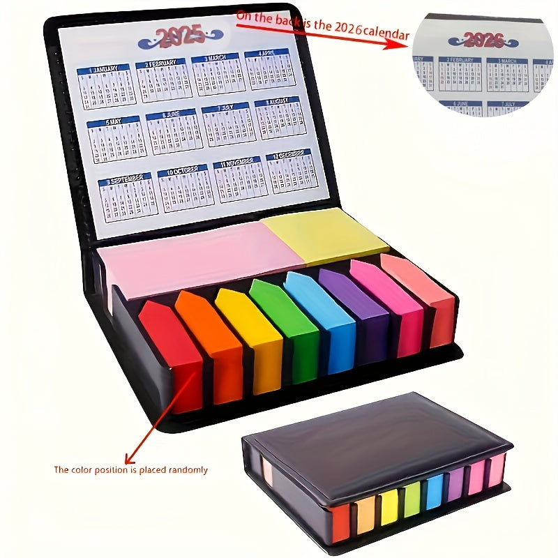 2000 colorful sticky notes in faux leather box with 2025-2026 calendar.