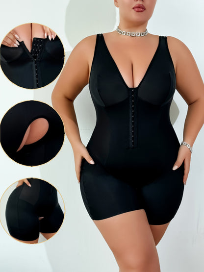 Sleeveless plus size bodysuit with front closure and open crotch.