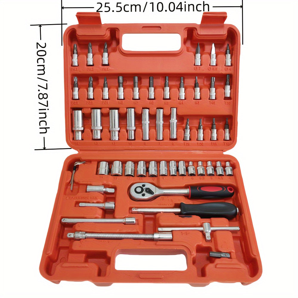 46-piece chrome vanadium steel socket wrench set with 1/4 inch drive, ratchet, universal joints, metric extensions, and drill adapter for automotive and home repair. Includes black storage