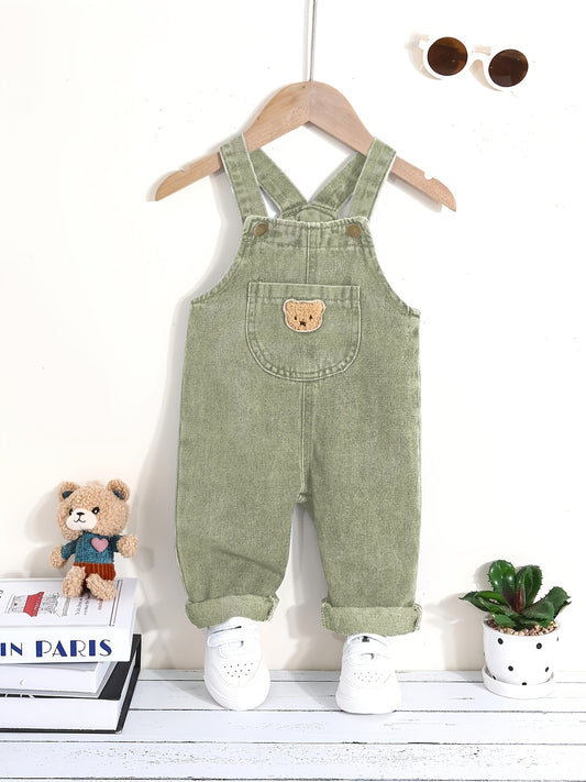 Boys' green denim overalls with bear patch - blend fabric, machine washable, casual style for fall/winter, great for outdoor wear.