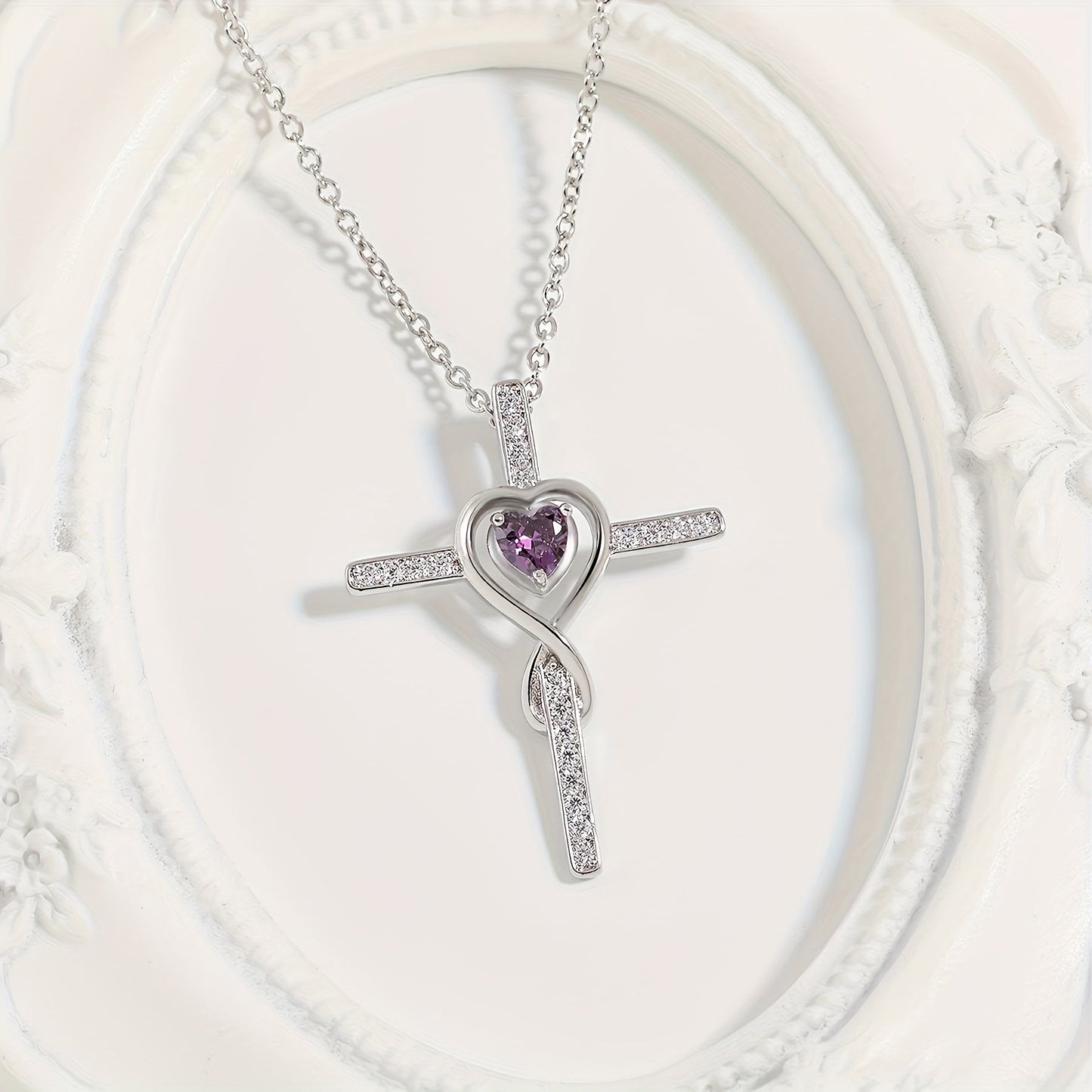 Elegant Heart-Shaped Cross Pendant Necklace, Silver-Plated Copper with Synthetic Cubic Zirconia, Versatile Jewelry, Comes in a Rose Gift Box - Perfect for Daily Wear and Gifting on Special Occasions like Christmas, Valentine's, Mother's Day, and