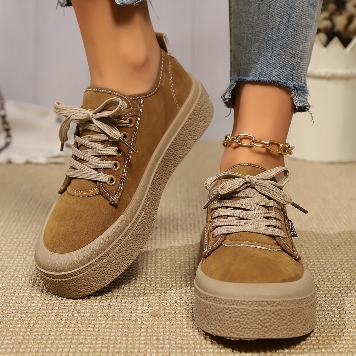 Chunky platform sneakers for women with summer canvas fabric, lace-up design, solid color, rubber sole, and non-washable.