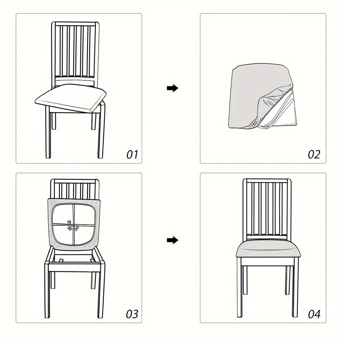 4/6pcs stretchable dining chair seat covers with integrated design, elastic fit and ties. Machine washable and available in multiple colors for home, hotel, restaurant use.