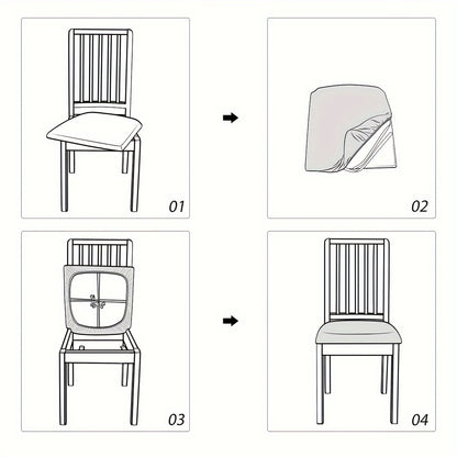 4/6pcs stretchable dining chair seat covers with integrated design, elastic fit and ties. Machine washable and available in multiple colors for home, hotel, restaurant use.