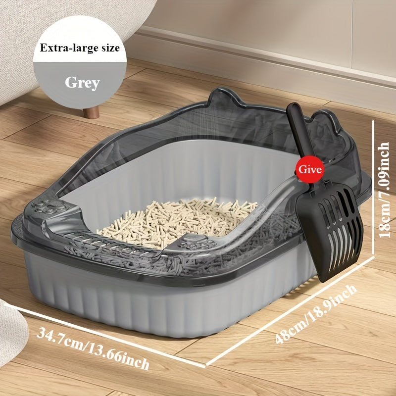 Durable ABS litter box with splash guard in 3 colors, includes scoop.