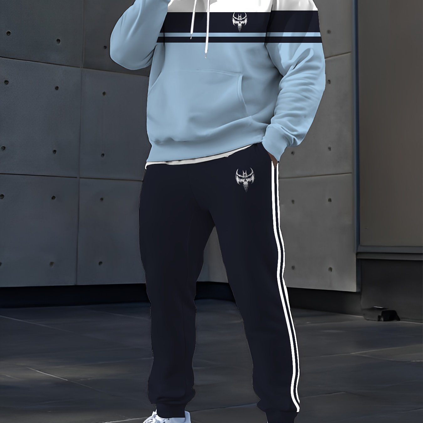 Men's Casual Digital Print Hoodie & Sweatpants Set made from Polyester, suitable for Spring/Fall outings and machine washable.