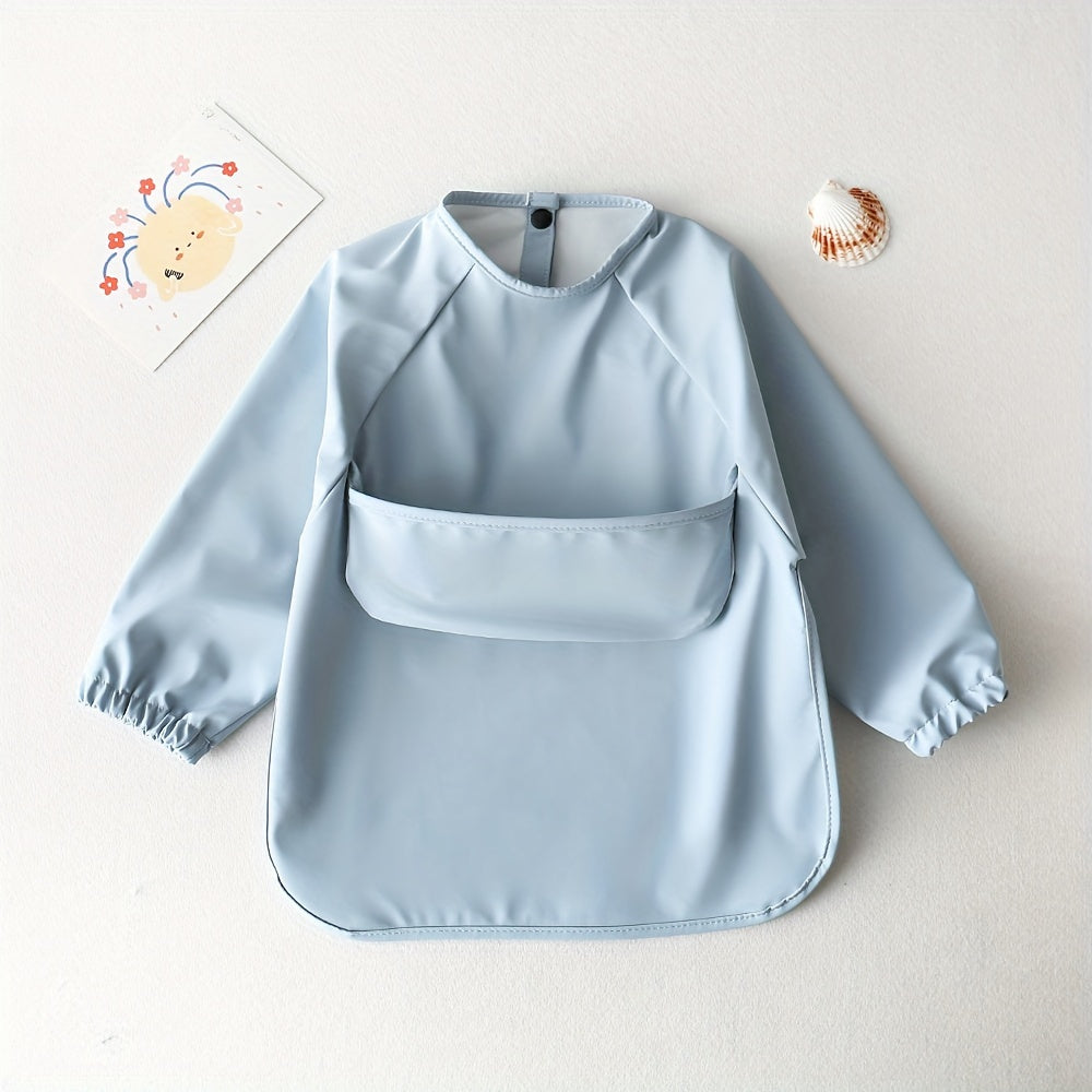 Wearing a Long Sleeve Soft PU Material Bib that Covers and Protects Eating Clothes, Waterproof and Reversible for Easy Cleaning.