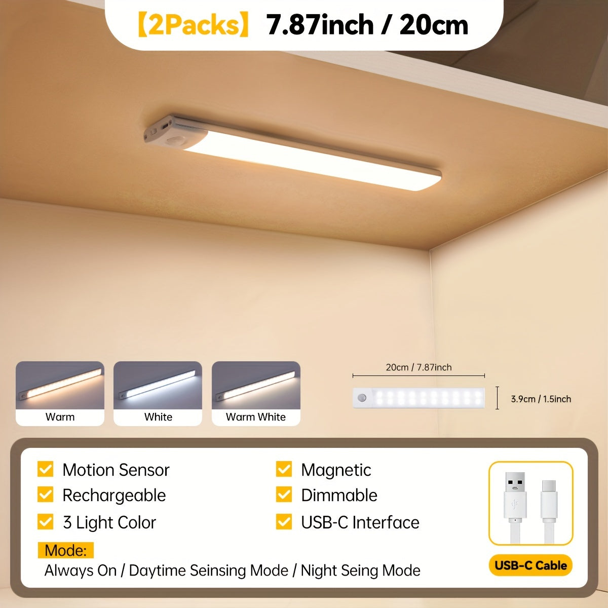 Motion-Activated LED Cabinet Light with USB Rechargeable, Metal Construction and Infrared Sensor for Easy Installation in Any Room.