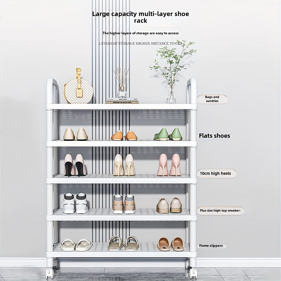 Free Standing Multi-Layer Plastic Shoe Rack with Wheels, Holds Many Shoes, Perfect for Dorms and Rentals, Easy to Assemble