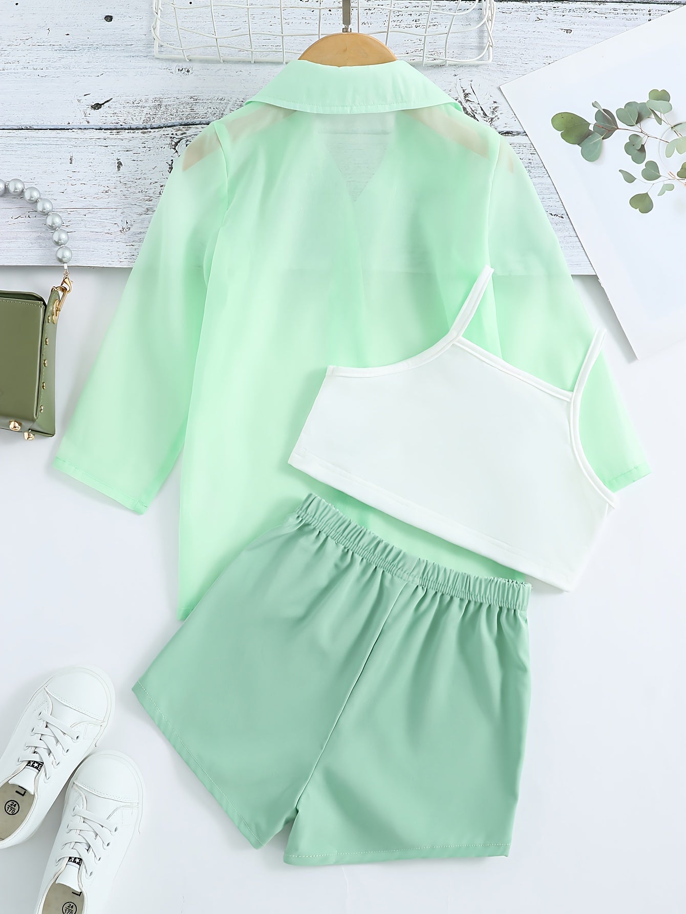 3 Piece set for girls' outdoor activities including ultra-thin long sleeve semi-sheer shirt, cami crop top, and shorts.