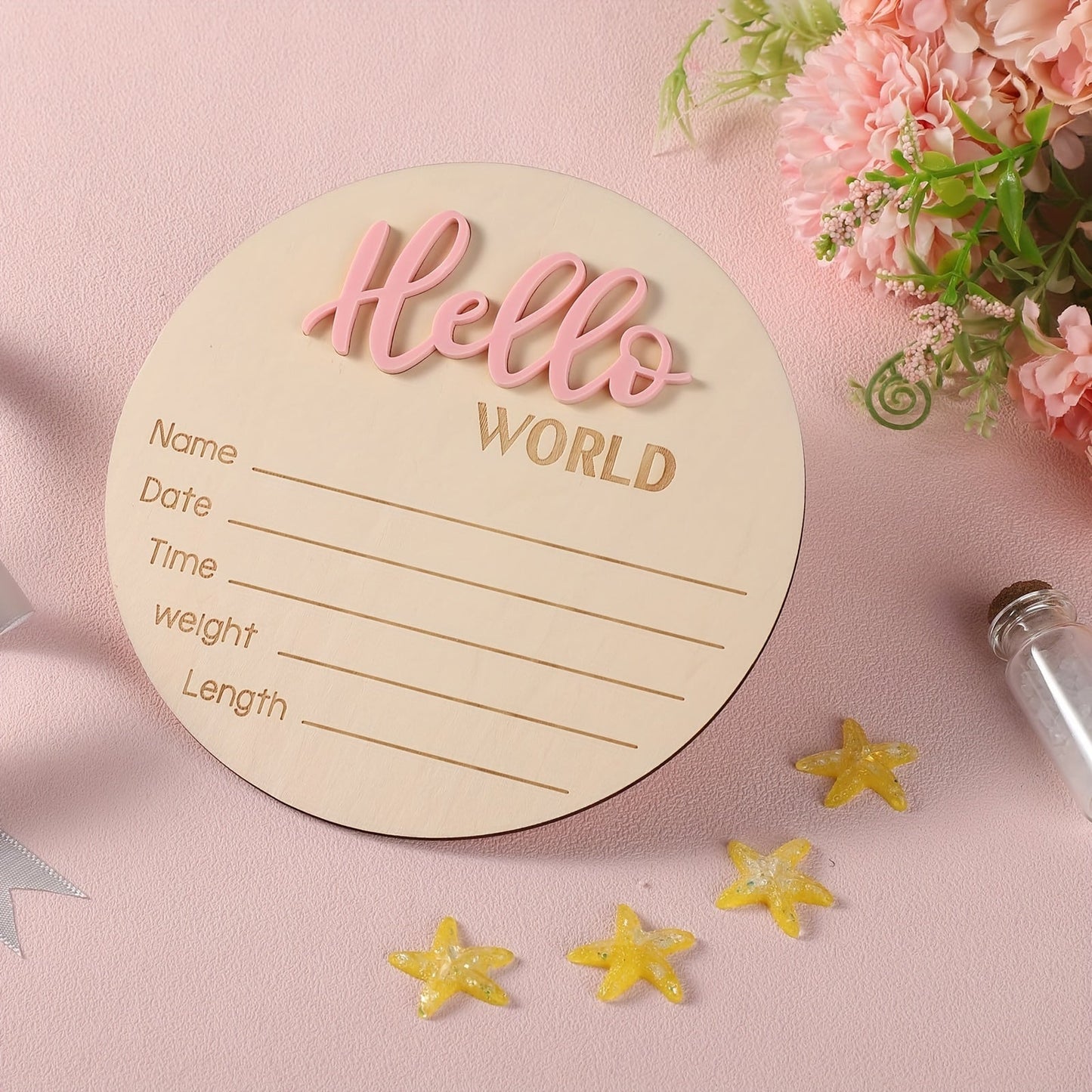 Personalized Wooden "Hello World" Plaque Welcome Sign - 14.99 cm, includes Name, Date, Time, Weight, Length Details for Birth Announcement. Perfect for Nursery, Hospital, Daycare Decor. Suitable for Ages 14 and Up.