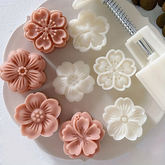 Flower Cookie Press Set with 5 Pieces - Create Beautiful Mooncakes and Pastries with Intricate White Flower Designs, Made of ABS Plastic, Perfect for Elegant Baking during Christmas and Halloween, Must-Have Kitchen Essentials.