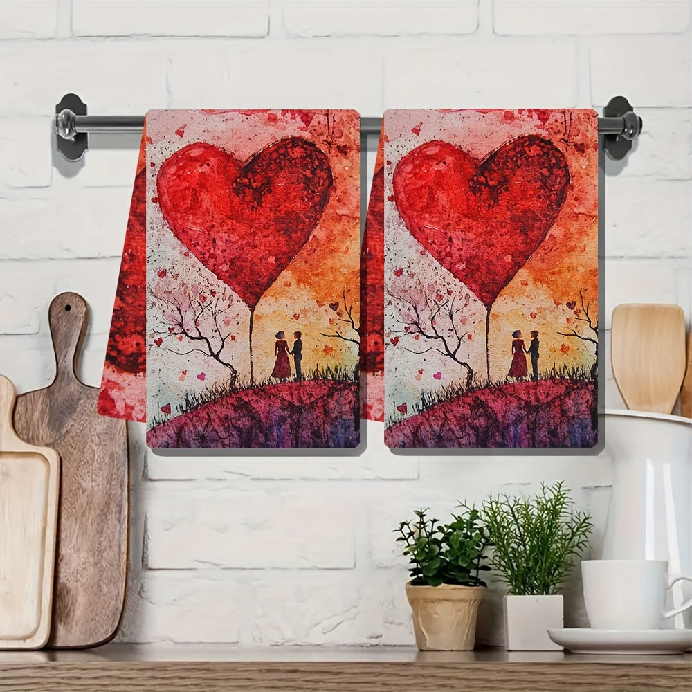 Set of 2 Romantic Sunset Heart Balloon Kitchen Towels - Made from Ultra Soft and Highly Absorbent Polyester, Size 40.64x60.96 cm, Easy to Clean in the Washing Machine, Perfect for Valentine's Day Decor and Daily Use as Dish Hand Towels