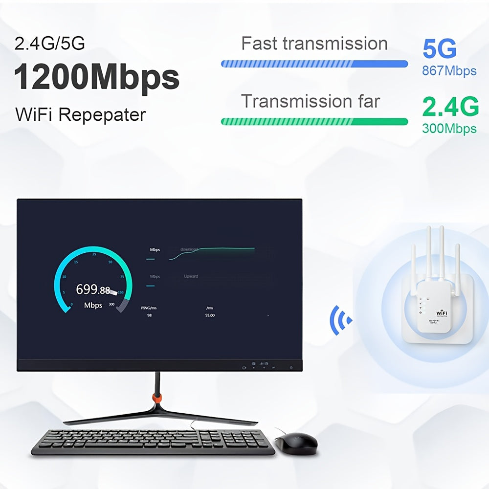 Ourlife WiFi Signal Booster offers 360° coverage for home and outdoor use, supporting repeater, AP, and routing modes, with an included Ethernet port.