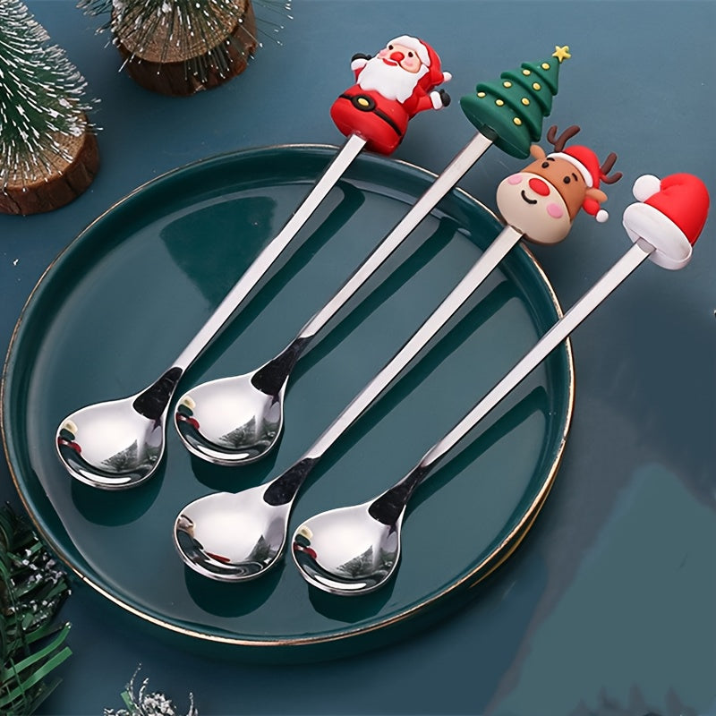 Set of 4 stainless steel coffee spoons with Santa and reindeer designs for Christmas dining.