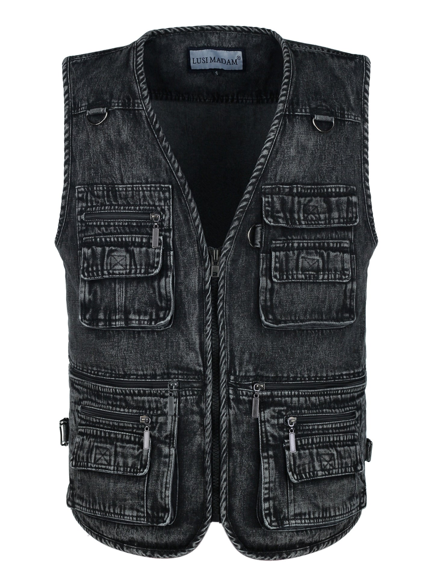 LUSI MADAM Men's Denim Black Zip-Up Vest - V-Neck with Multi Pockets, 100% Cotton, Perfect for Spring/Summer Outdoor Activities.