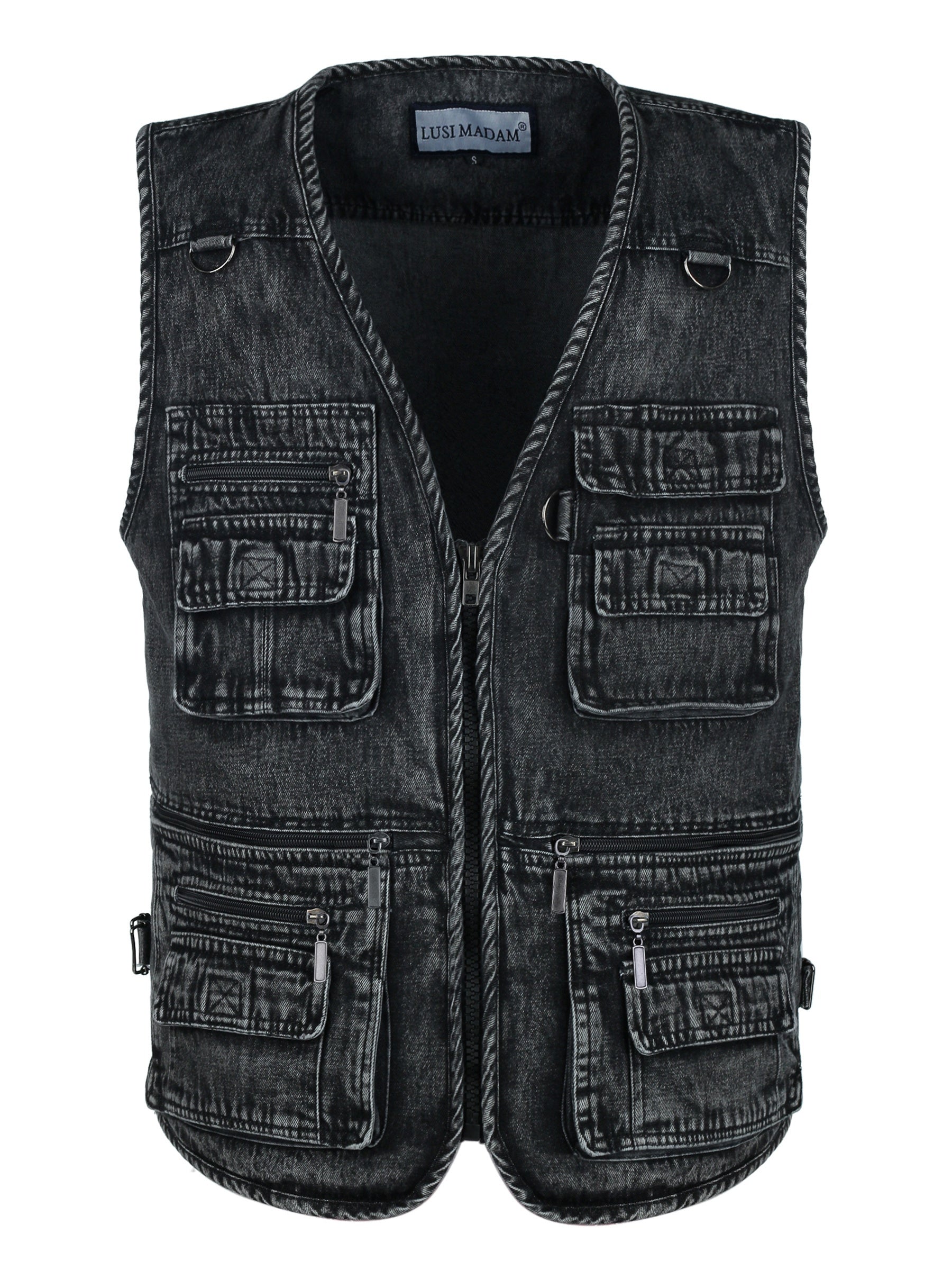 LUSI MADAM Men's Denim Black Zip-Up Vest - V-Neck with Multi Pockets, 100% Cotton, Perfect for Spring/Summer Outdoor Activities.