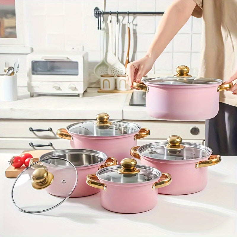 A set of 10 stainless steel soup pots including 5 pots and 5 lids, featuring glass lids and golden handles. These non-stick pots are perfect for a stylish addition to your kitchen and household cookware collection.