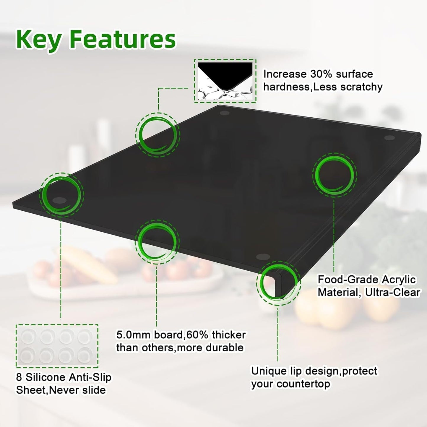 BPA-Free Acrylic Cutting Board with Counter Lip, 60% Thicker, Durable and Easy to Clean, Perfect for Home and Professional Use, Safeguards Countertops, Multipurpose Kitchen Essential