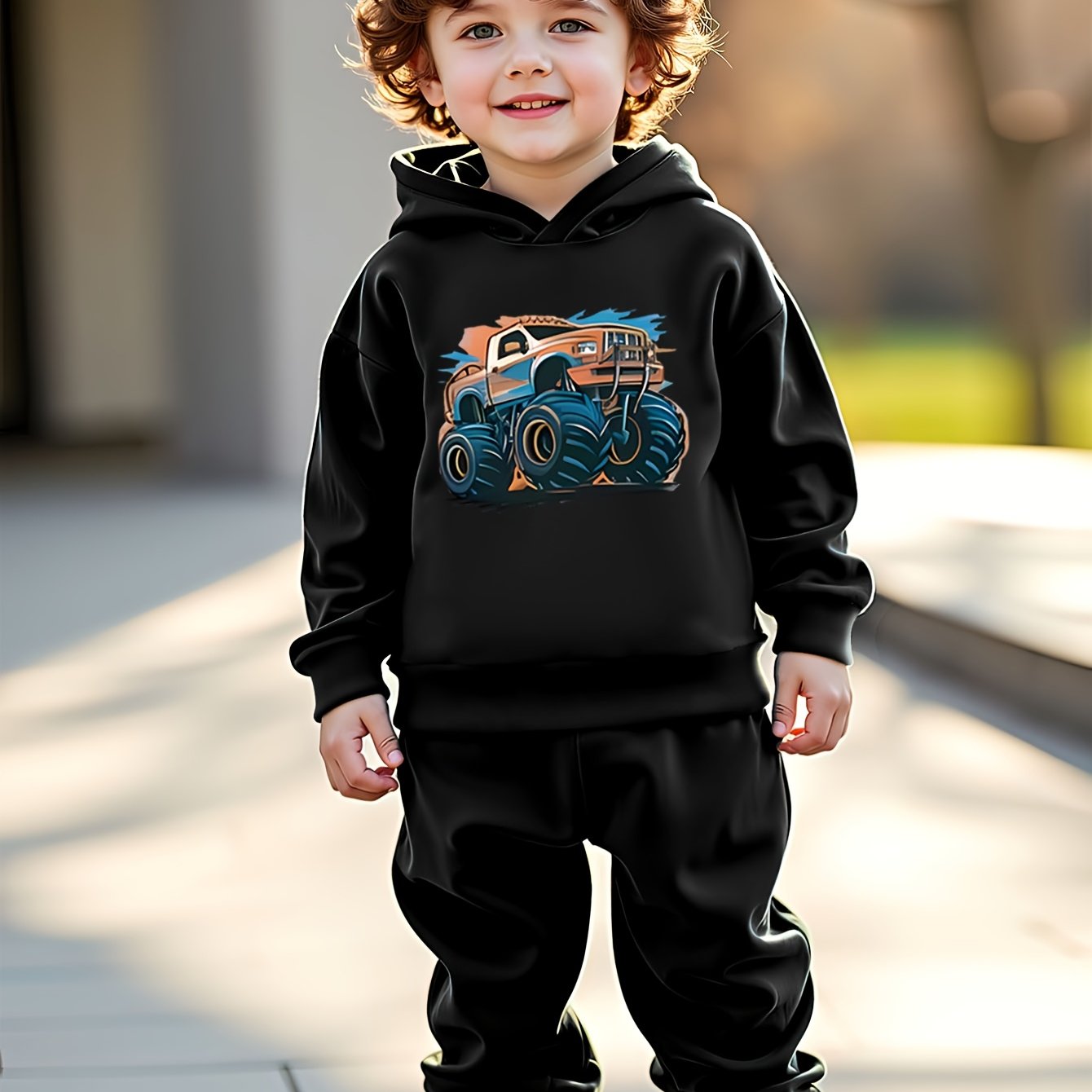 Boys' Cozy Fleece-Lined Hoodie & Jogger Set featuring a vibrant truck print - Ideal for outdoor activities in fall/winter.