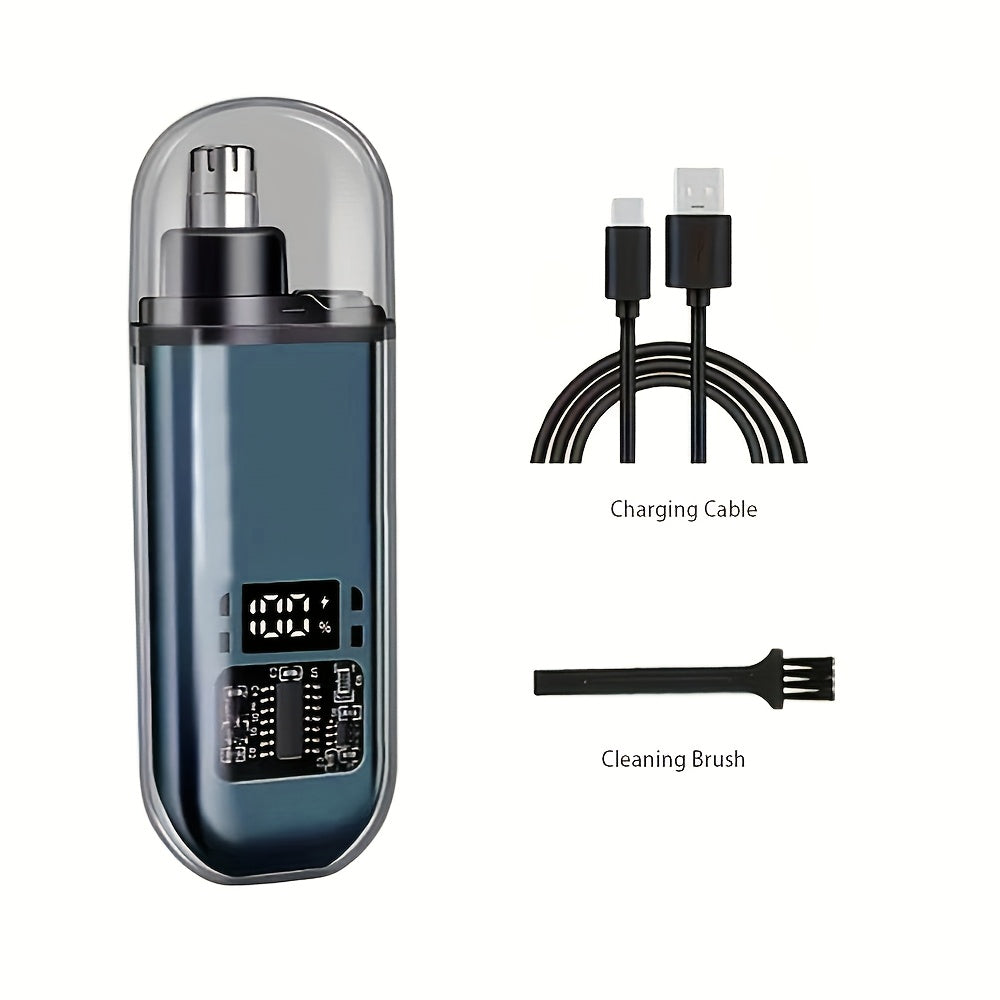 Men's USB rechargeable nose and ear hair trimmer with mini compact design. Fast charging via computer and car USB interface. Suitable for ages 14+. Made of plastic.