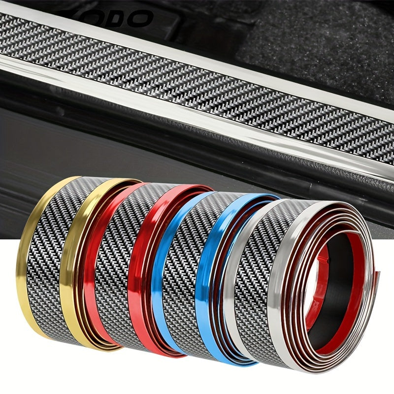 Car door sill protection strip with carbon fiber design to prevent scratches and add style to your vehicle.