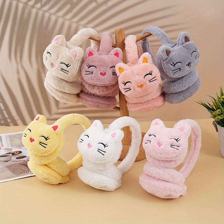 Stay cozy with these adorable cat-themed plush earmuffs for women, girls, and students. Perfect for keeping your ears warm in the cold autumn and winter weather. Featuring a solid color design and soft furry material.