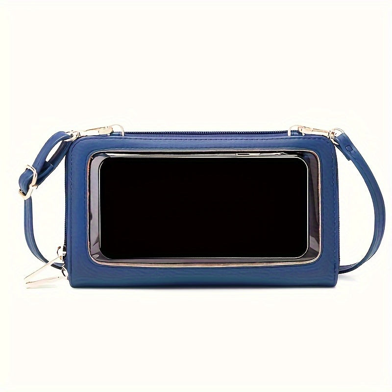 Stylish women's crossbody phone bag with RFID blocking, touch screen, adjustable strap, synthetic leather in red/blue/black. Ideal for everyday use.