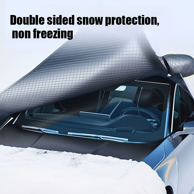 Durable polyester cover protects car windshield from snow and frost, fits most vehicles.