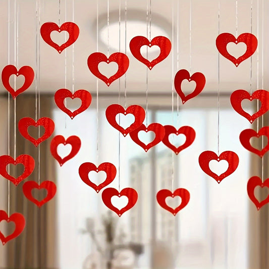 200 Valentine's Day hanging heart decorations. Ideal for weddings, birthdays, parties, and romantic room decor. Made of plastic red hearts and silk strings. Non-electric and featherless.