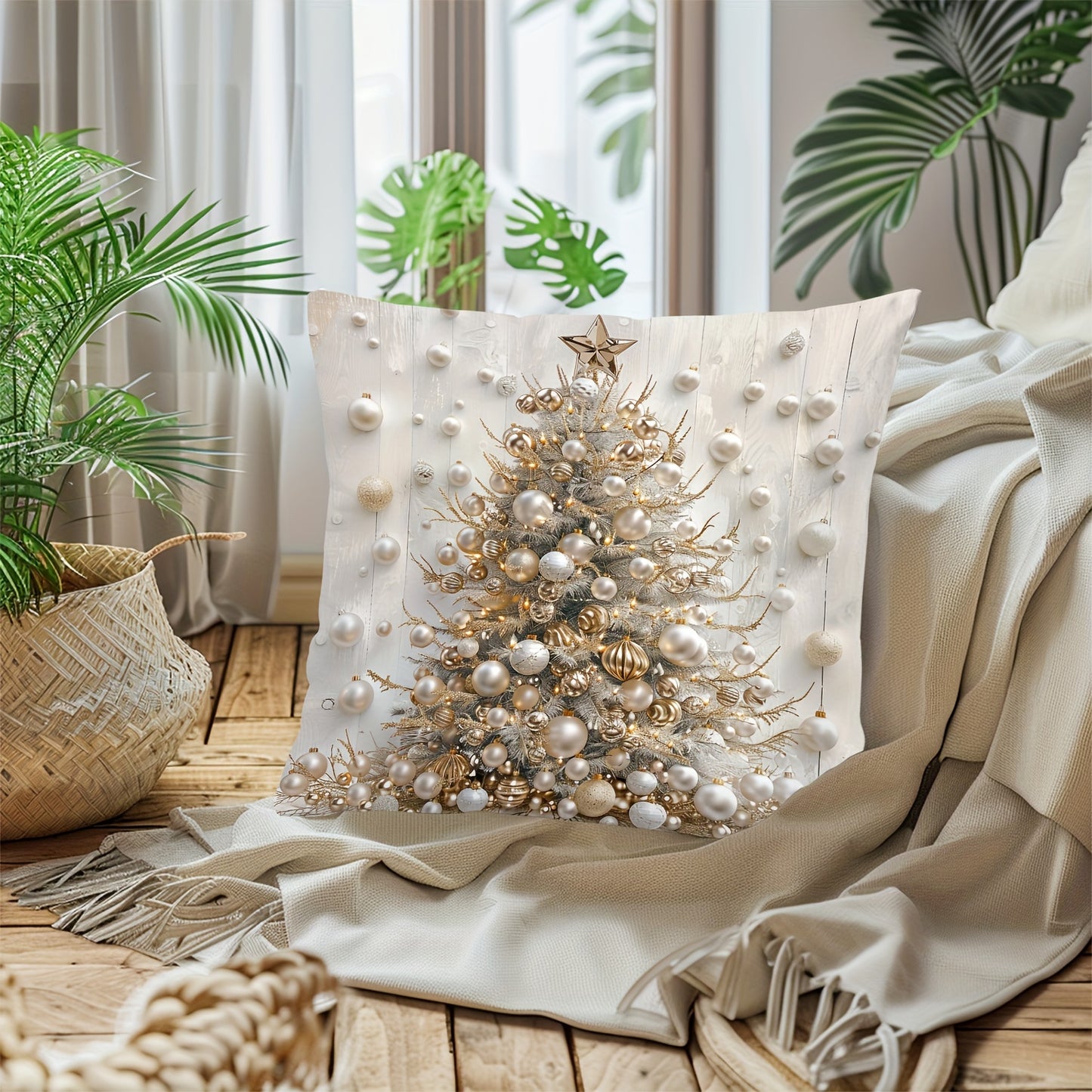 Contemporary Christmas tree digital print throw pillow cover, hand wash only, zipper closure, woven polyester, versatile room decor - 44.96cm x 44.96cm.