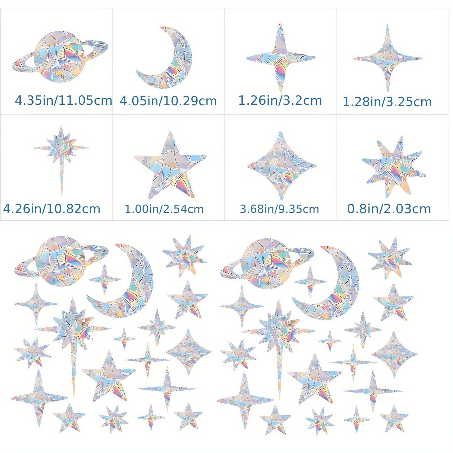 25 pieces of Starry Sky window clings that are designed to prevent bird collisions, made of non-adhesive prismatic vinyl material with rainbow stickers.