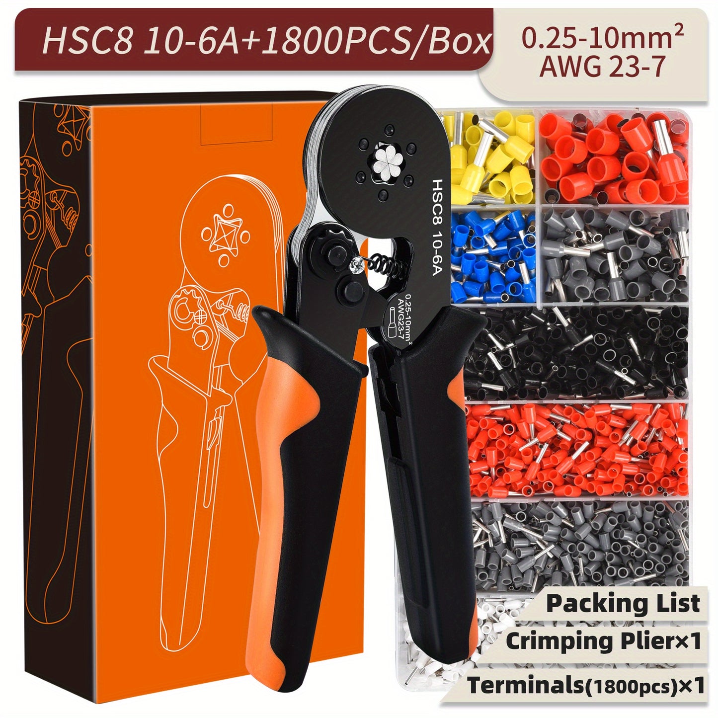 1 Set Ferrule Crimping Tool Kit with 1200 PCS Wire Connectors, Ferrule Crimper for Insulated Electrical Ferrules 23-7 AWG (0.25-10 mm²)