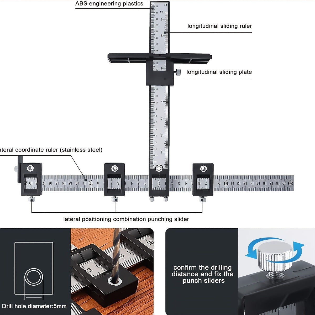 Guide for installation of door and drawer handles and knobs with black cabinet hardware jig tool.