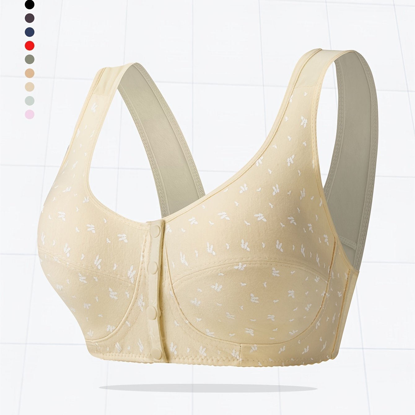 Large women's solid color front buckle vest style bra, comfortable and breathable with random printing, no steel ring.