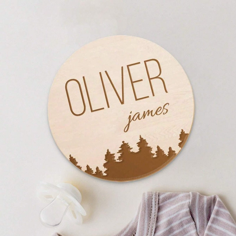 Customized Round Wooden Sign - Personalized with Name and Footprint, Birth Keepsake in White