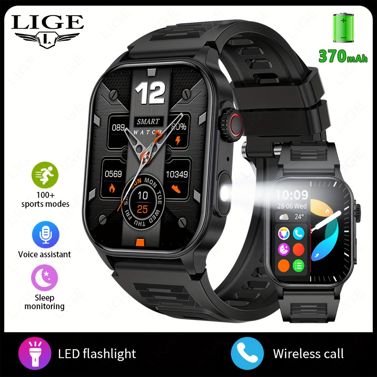 LIGE Smartwatch with 5.2 Wireless, 2.01in Screen, 370mAh Battery, Step Counting, Voice Assistant, Weather Forecast, Reminder, Remote Control, Photo Taking, Light, Sleep Monitoring.