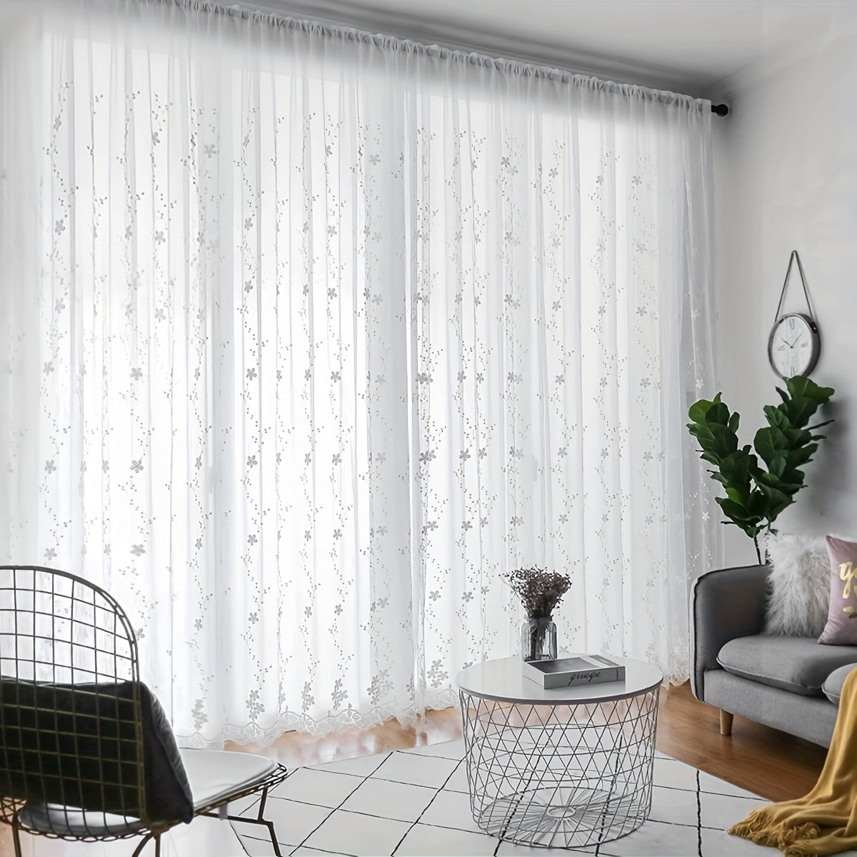 Delicate White Sheer Curtain with Small Romantic Flower Embroidery, Perfect for Living Room, Bedroom, Office, or Home Decoration. Comes with Rod Pocket for Easy Installation.