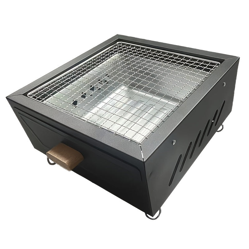 Square portable indoor barbecue grill set made of durable metal materials, with detachable legs and cooking rack, featuring an ash pan. Lighter not included. Ideal for home use.