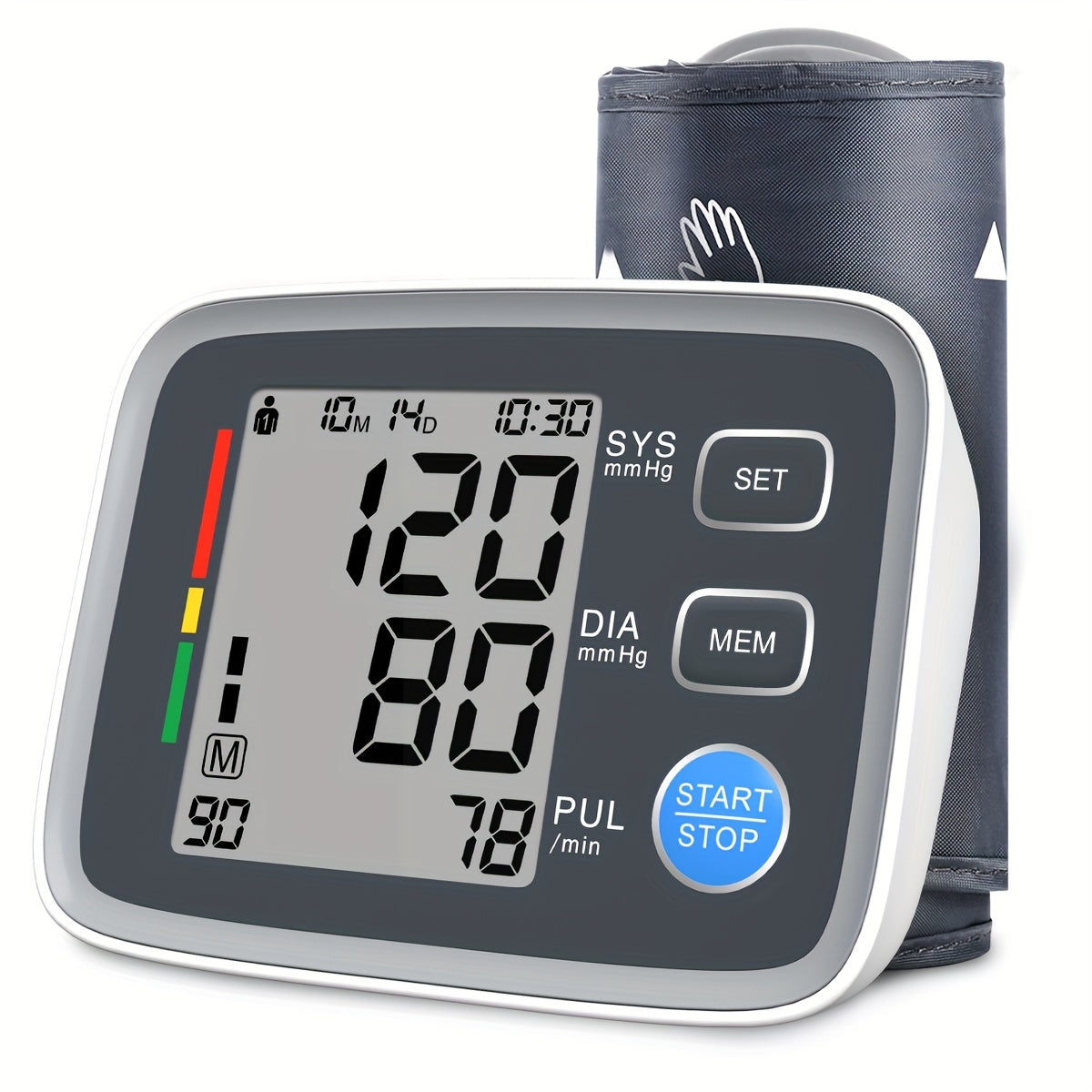 Home blood pressure monitor with automatic upper arm cuff and digital display, includes cuff for arm sizes 22.1-43.18cm.