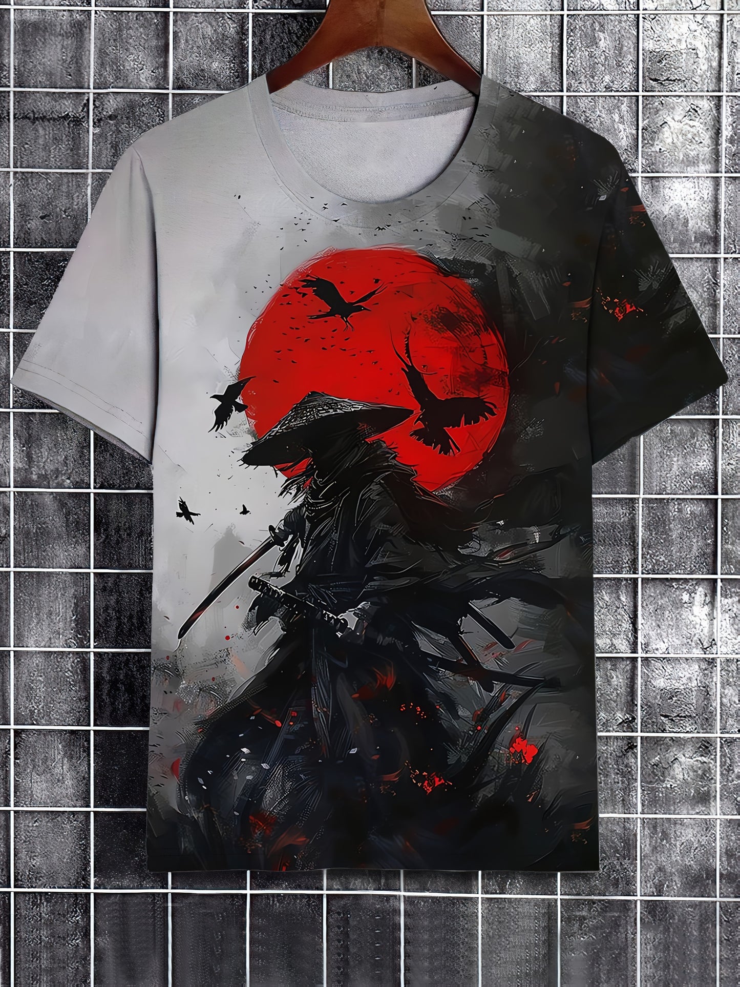 Men's Samurai ink painting pattern T-shirt, short-sleeve tee for summer streetwear.