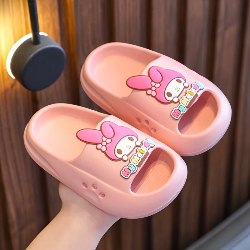 Children's cartoon slippers with cute melody design, soft EVA material, non-slip, lightweight indoor footwear for boys and girls ages 14 and under.