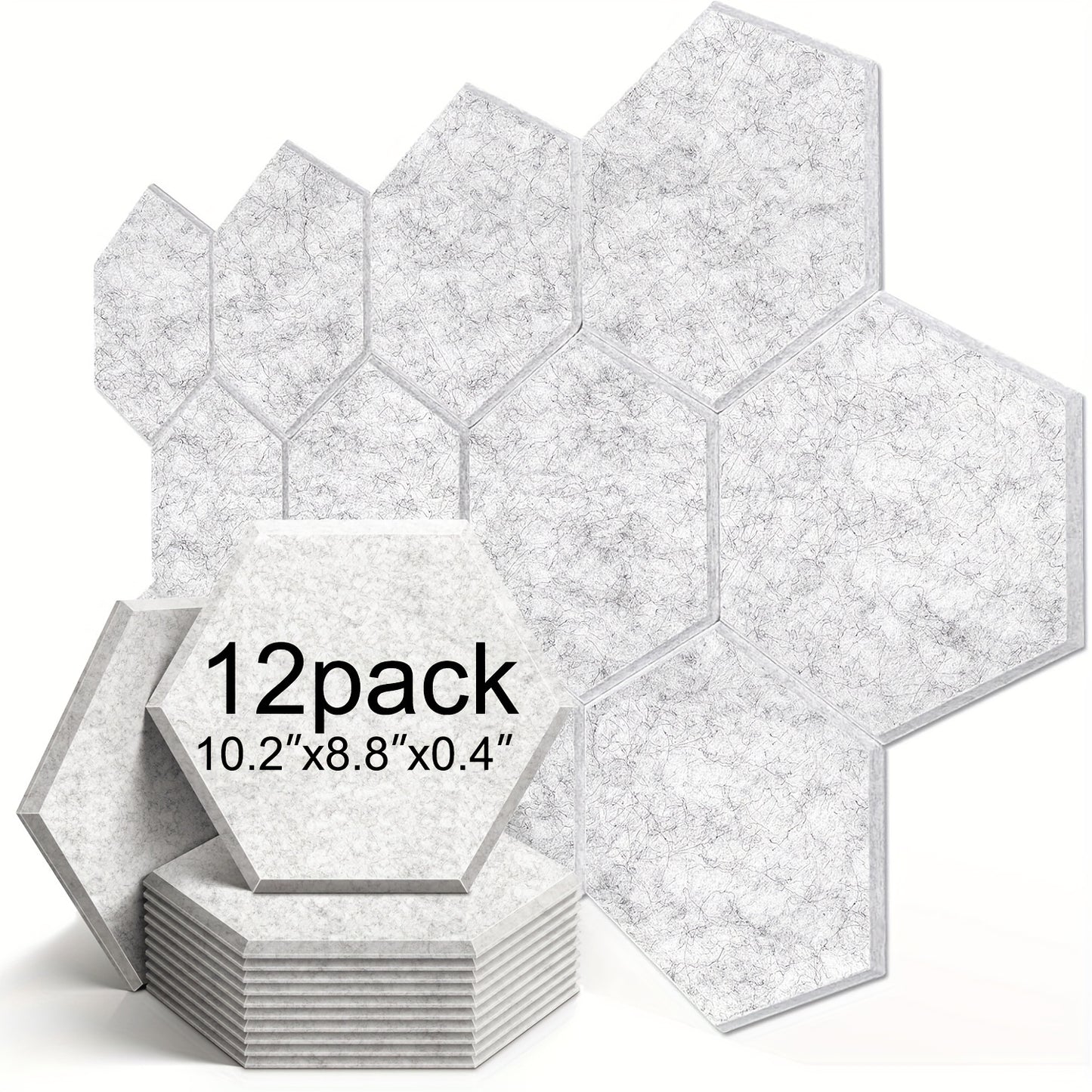 12-pack of self-adhesive hexagonal acoustic panels, sized 10.2 x 8.8 x 0.4 inches, for home, office, and recording studios.