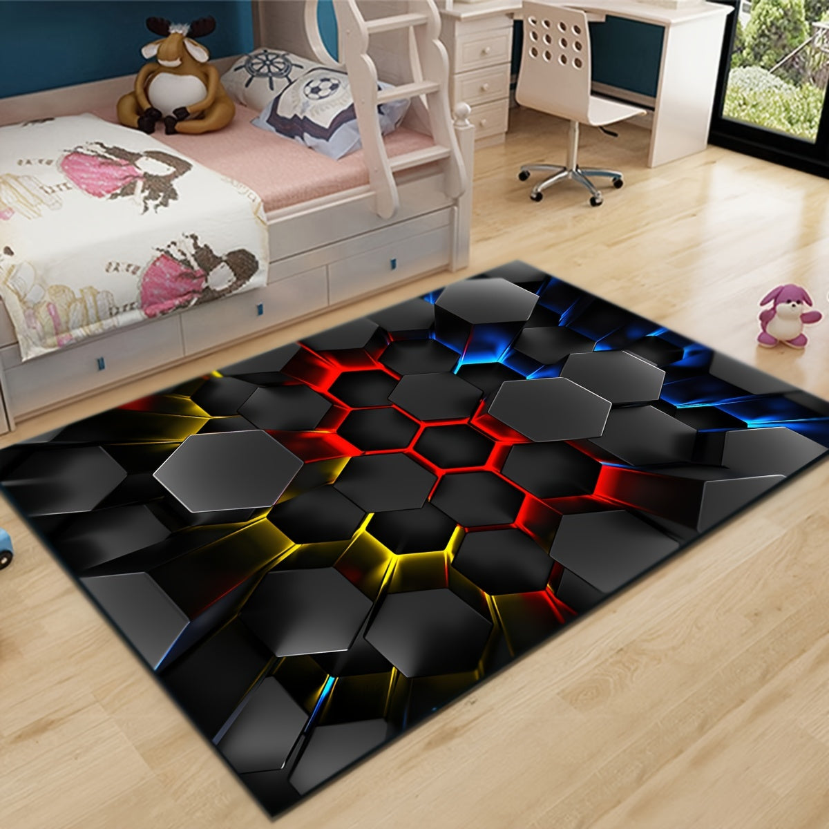 Liven up your space with this whimsical 3D Luminous Hexagon Area Rug! This cartoon-inspired rug is not only cool and fluffy, but also soft and non-slip, making it perfect for any room in your home. Use it in the living room, bedroom, bathroom, laundry